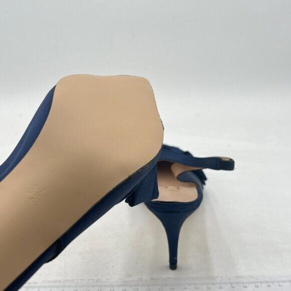 YDN Blue Pointed Toe Bow Slingback Slip on Pump Mid Heels Evening Satin Sandals - Picture 6 of 8